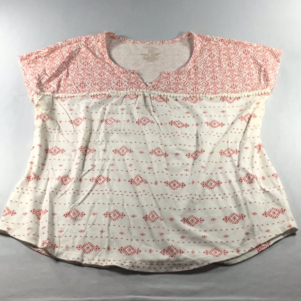 Sonoma Boho V Neck Cap Sleeve Top Abstract Coral Cream Size PXL Cotton Poly